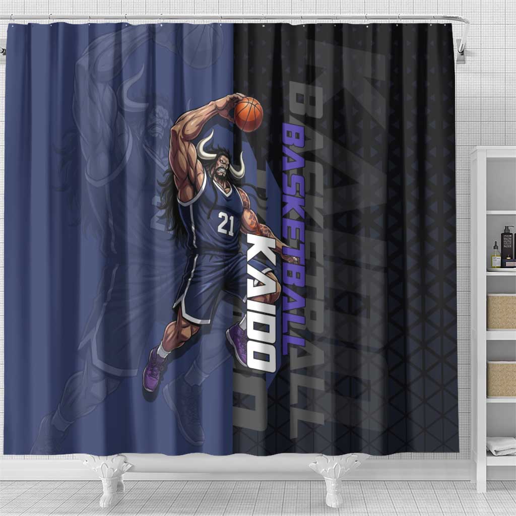 Kaido One Piece Basketball Theme Navy and Black Design Shower Curtain with Dragon Skull Emblem and Power Dunk Pose - The Mazicc