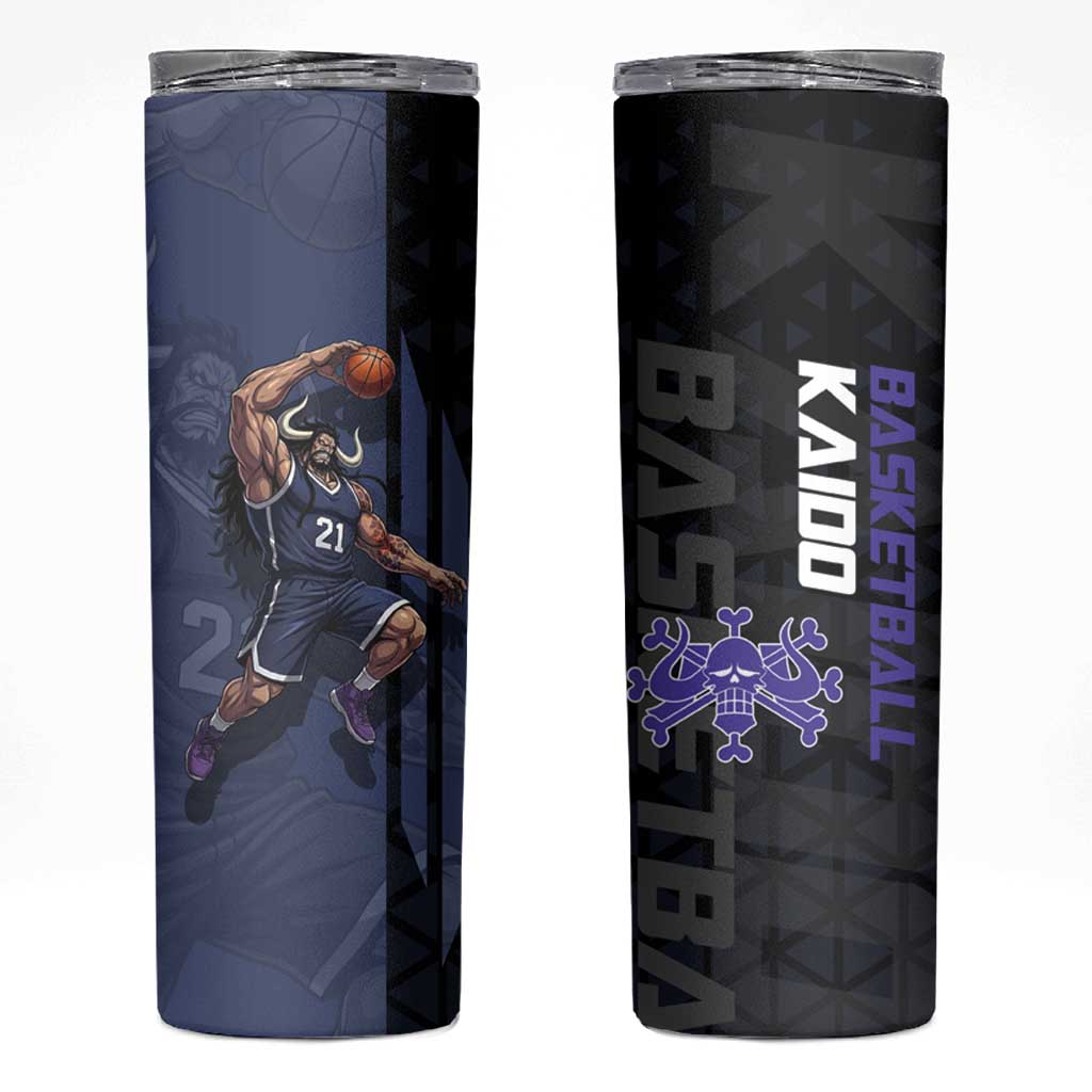 Kaido One Piece Basketball Theme Navy and Black Design Skinny Tumbler with Dragon Skull Emblem and Power Dunk Pose - The Mazicc