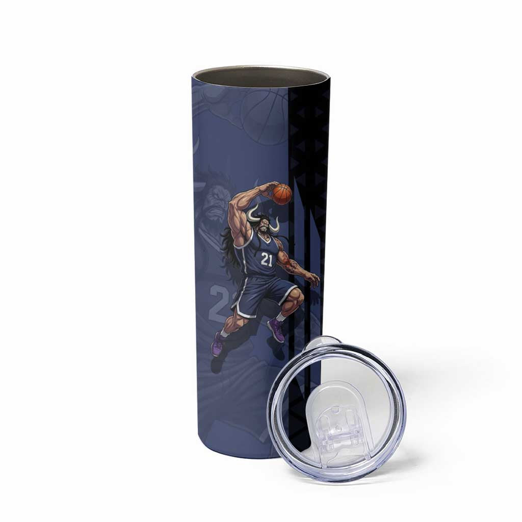 Kaido One Piece Basketball Theme Navy and Black Design Skinny Tumbler with Dragon Skull Emblem and Power Dunk Pose - The Mazicc