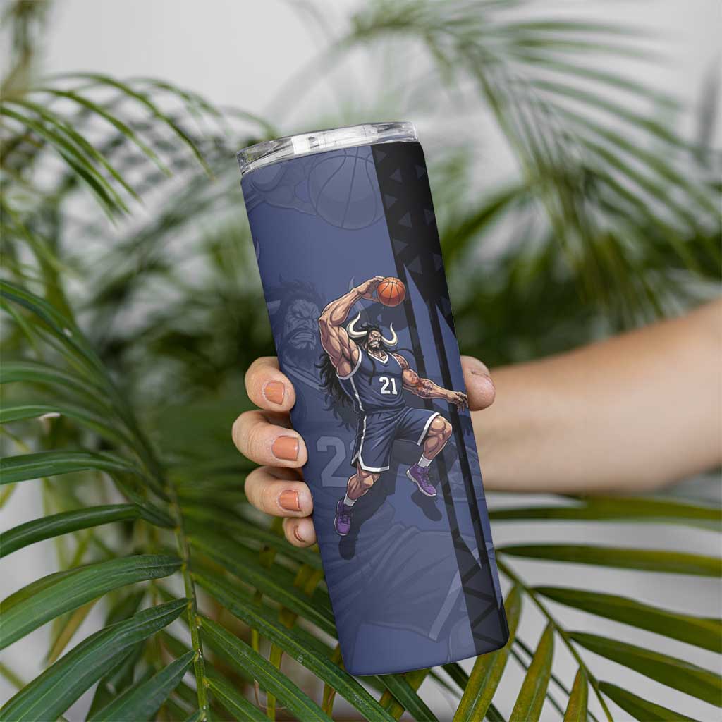 Kaido One Piece Basketball Theme Navy and Black Design Skinny Tumbler with Dragon Skull Emblem and Power Dunk Pose - The Mazicc