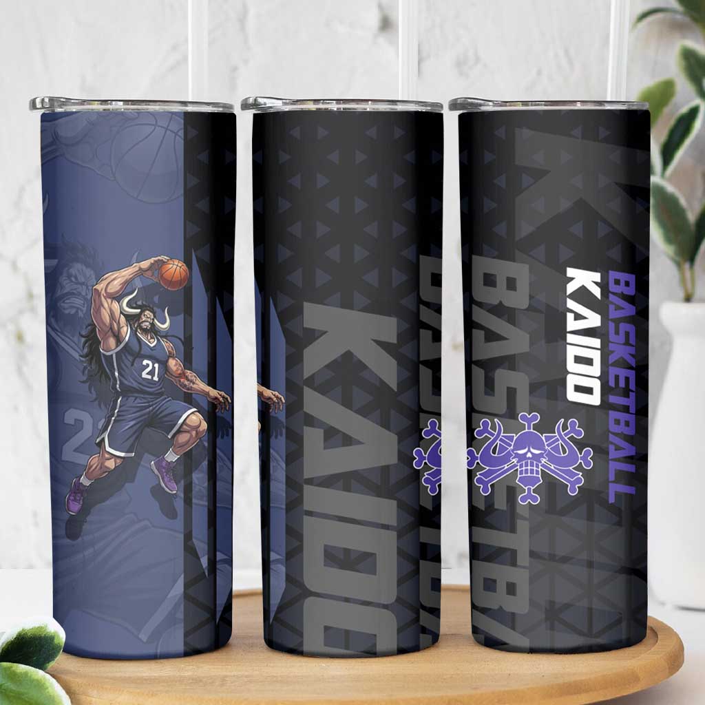 Kaido One Piece Basketball Theme Navy and Black Design Skinny Tumbler with Dragon Skull Emblem and Power Dunk Pose - The Mazicc