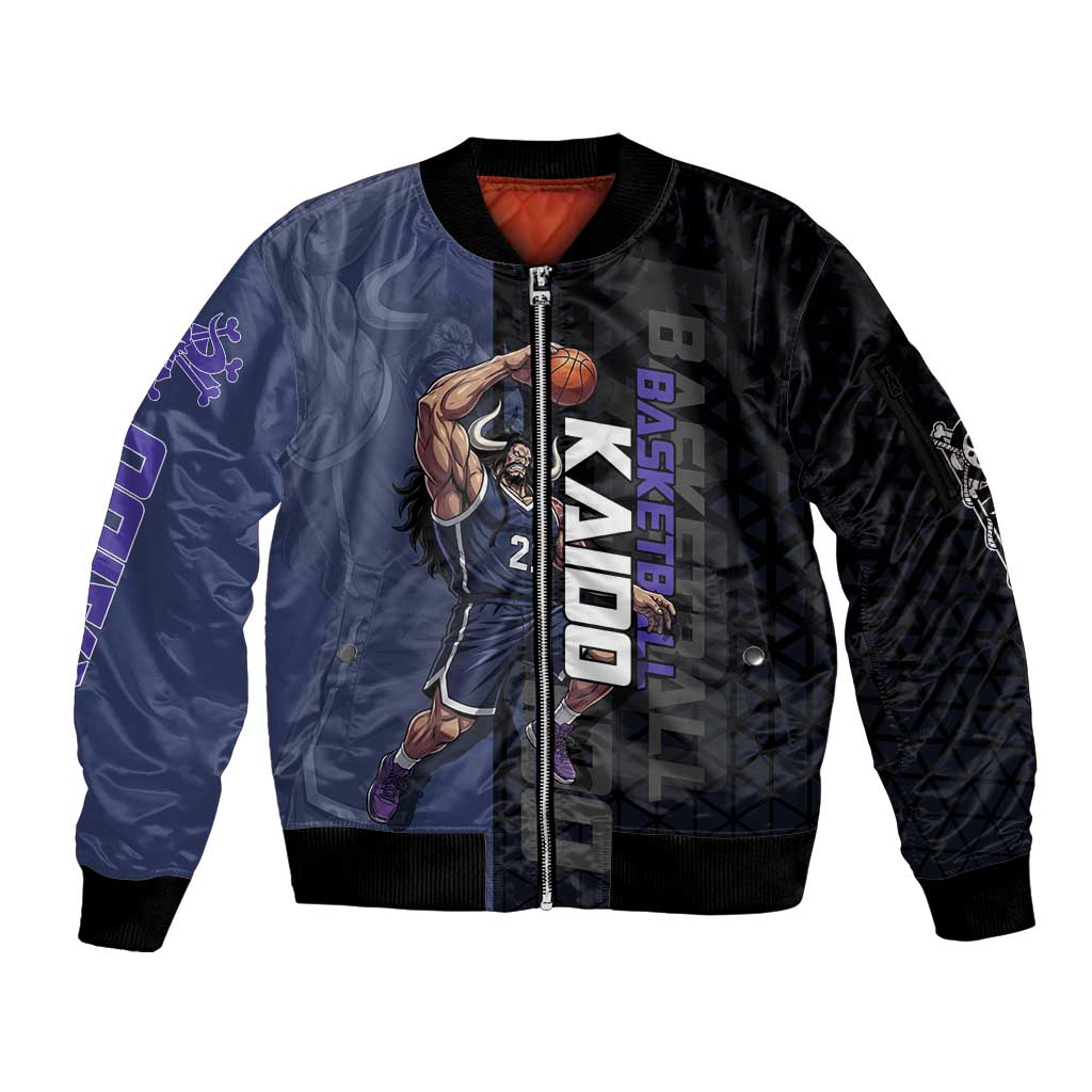 Kaido One Piece Basketball Theme Navy and Black Design Sleeve Zip Bomber Jacket with Dragon Skull Emblem and Power Dunk Pose - The Mazicc