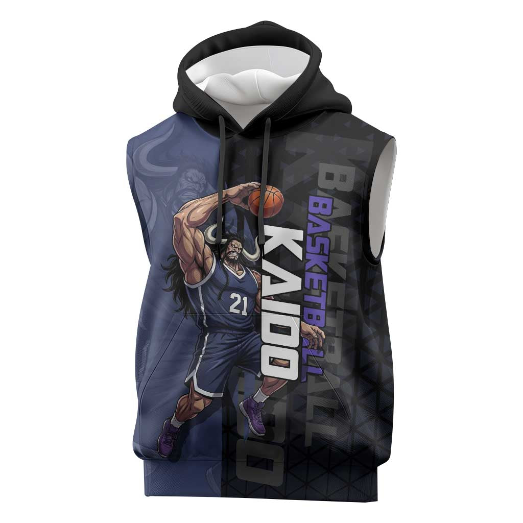 Kaido One Piece Basketball Theme Navy and Black Design Sleeveless Hoodie with Dragon Skull Emblem and Power Dunk Pose - The Mazicc