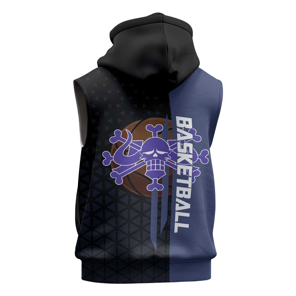 Kaido One Piece Basketball Theme Navy and Black Design Sleeveless Hoodie with Dragon Skull Emblem and Power Dunk Pose - The Mazicc