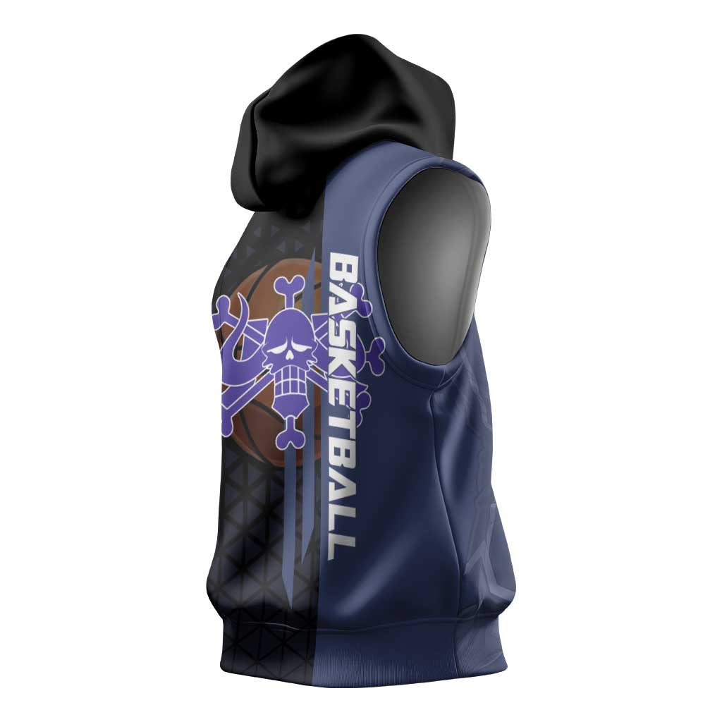 Kaido One Piece Basketball Theme Navy and Black Design Sleeveless Hoodie with Dragon Skull Emblem and Power Dunk Pose - The Mazicc
