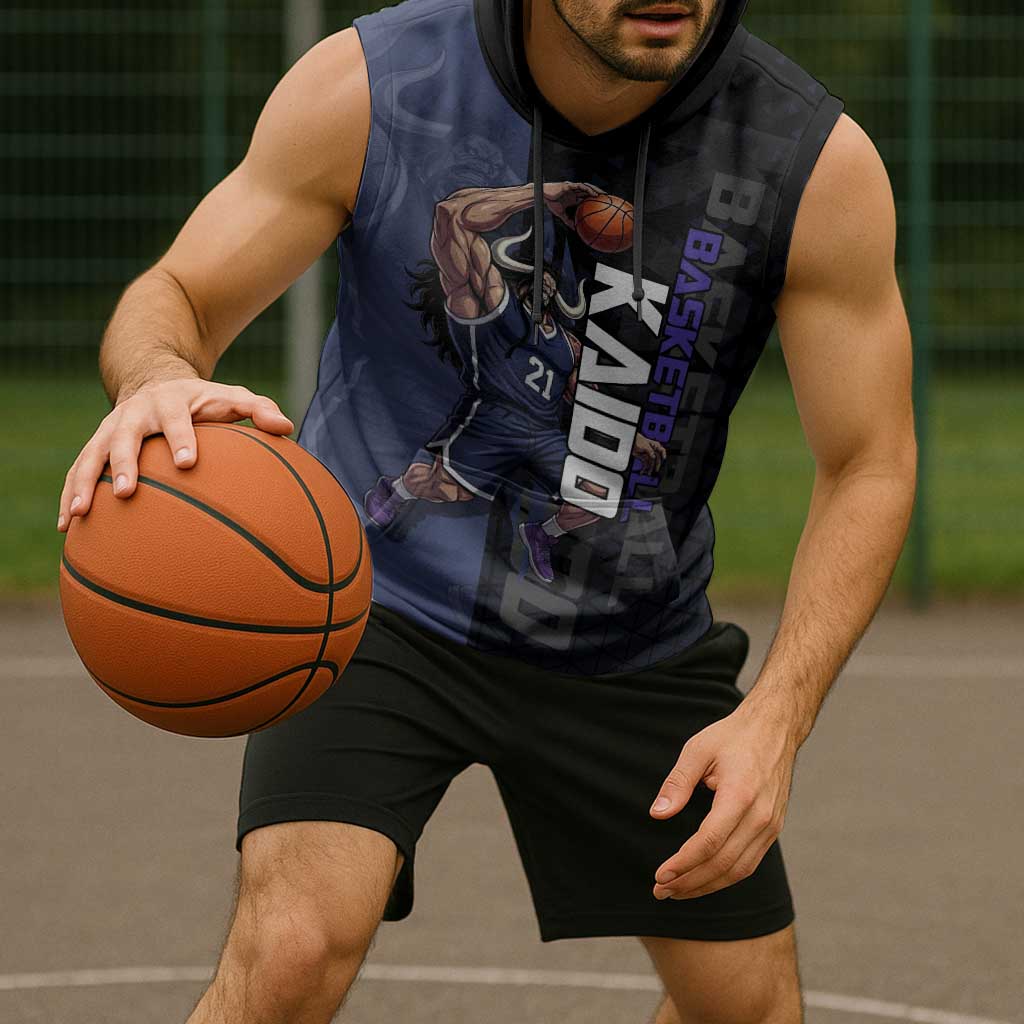 Kaido One Piece Basketball Theme Navy and Black Design Sleeveless Hoodie with Dragon Skull Emblem and Power Dunk Pose - The Mazicc