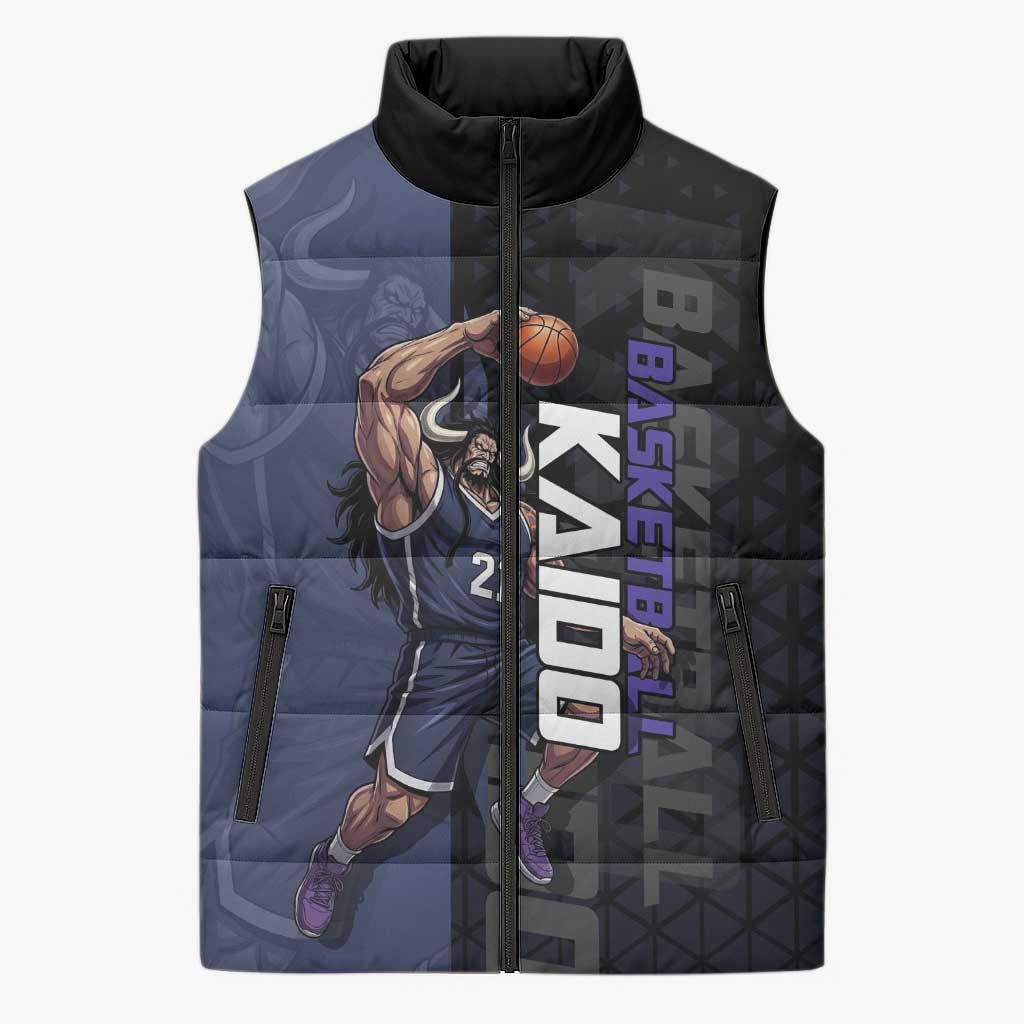Kaido One Piece Basketball Theme Navy and Black Design Sleeveless Puffer Jacket with Dragon Skull Emblem and Power Dunk Pose - The Mazicc