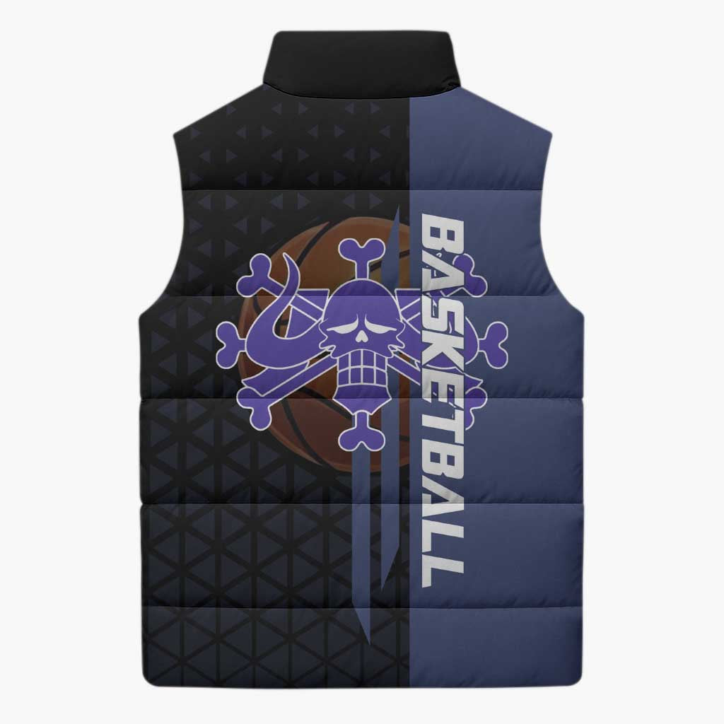Kaido One Piece Basketball Theme Navy and Black Design Sleeveless Puffer Jacket with Dragon Skull Emblem and Power Dunk Pose - The Mazicc