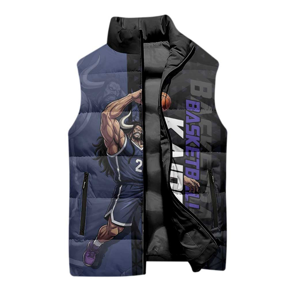 Kaido One Piece Basketball Theme Navy and Black Design Sleeveless Puffer Jacket with Dragon Skull Emblem and Power Dunk Pose - The Mazicc