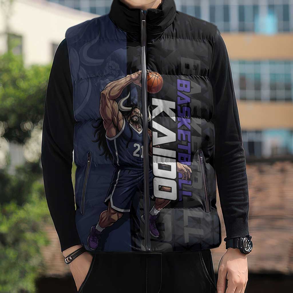 Kaido One Piece Basketball Theme Navy and Black Design Sleeveless Puffer Jacket with Dragon Skull Emblem and Power Dunk Pose - The Mazicc