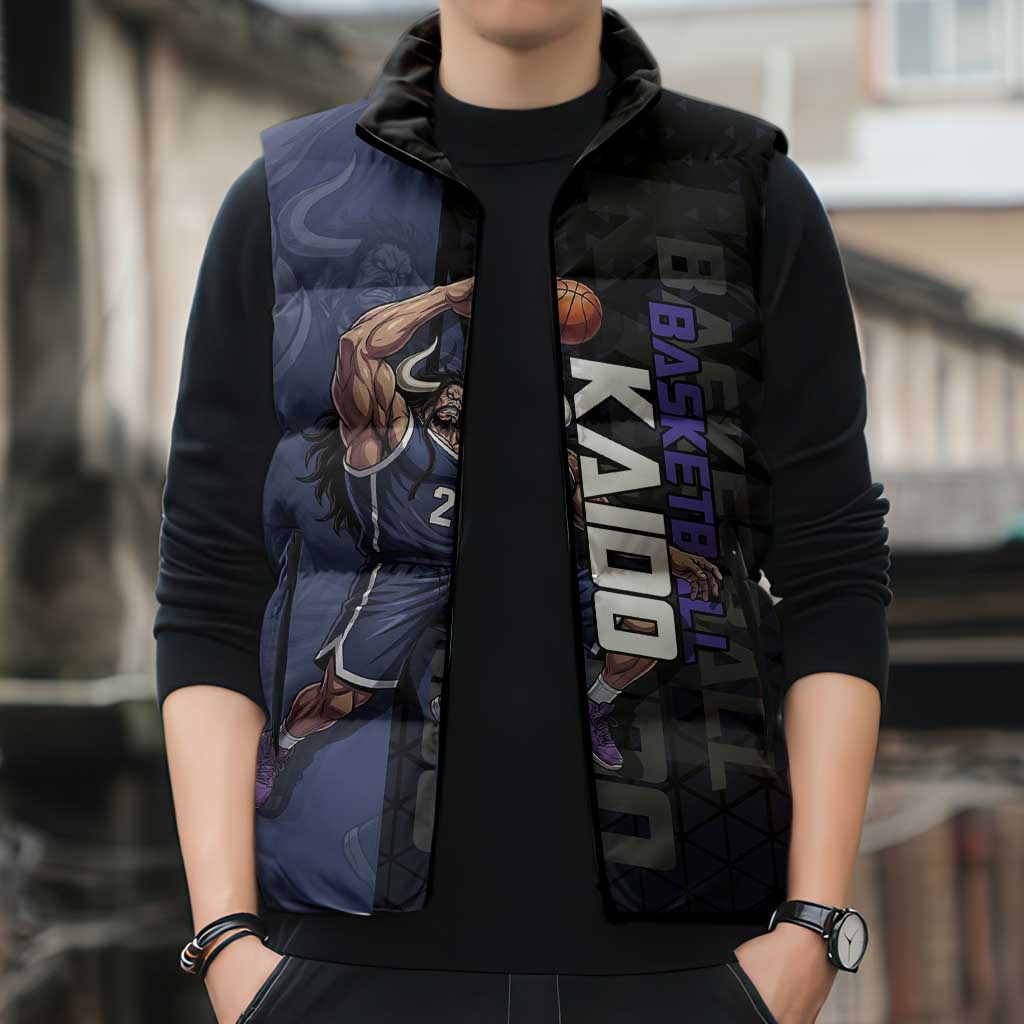 Kaido One Piece Basketball Theme Navy and Black Design Sleeveless Puffer Jacket with Dragon Skull Emblem and Power Dunk Pose - The Mazicc