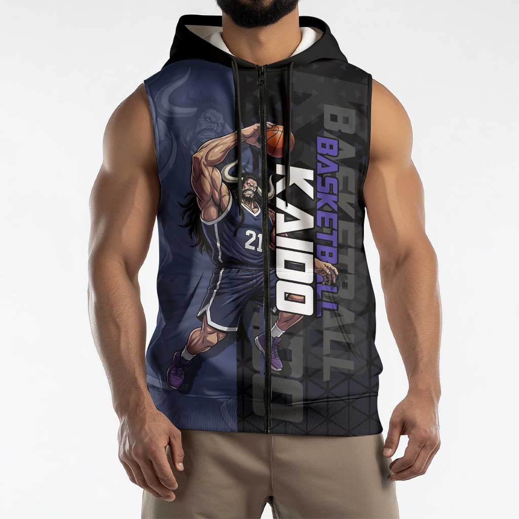 Kaido One Piece Basketball Theme Navy and Black Design Sleeveless Zip Hoodie with Dragon Skull Emblem and Power Dunk Pose - The Mazicc