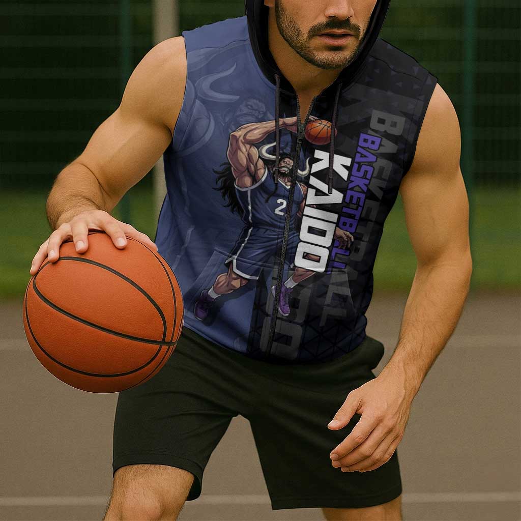 Kaido One Piece Basketball Theme Navy and Black Design Sleeveless Zip Hoodie with Dragon Skull Emblem and Power Dunk Pose - The Mazicc