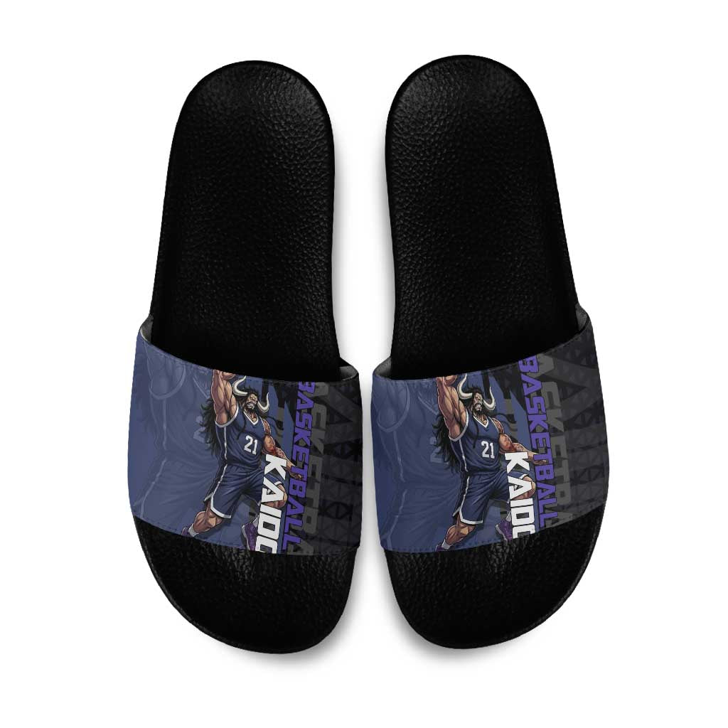 Kaido One Piece Basketball Theme Navy and Black Design Slide Sandals with Dragon Skull Emblem and Power Dunk Pose - The Mazicc