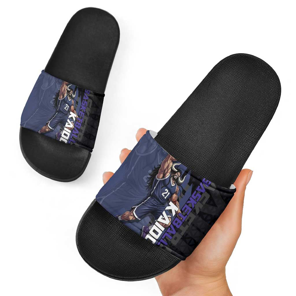 Kaido One Piece Basketball Theme Navy and Black Design Slide Sandals with Dragon Skull Emblem and Power Dunk Pose - The Mazicc