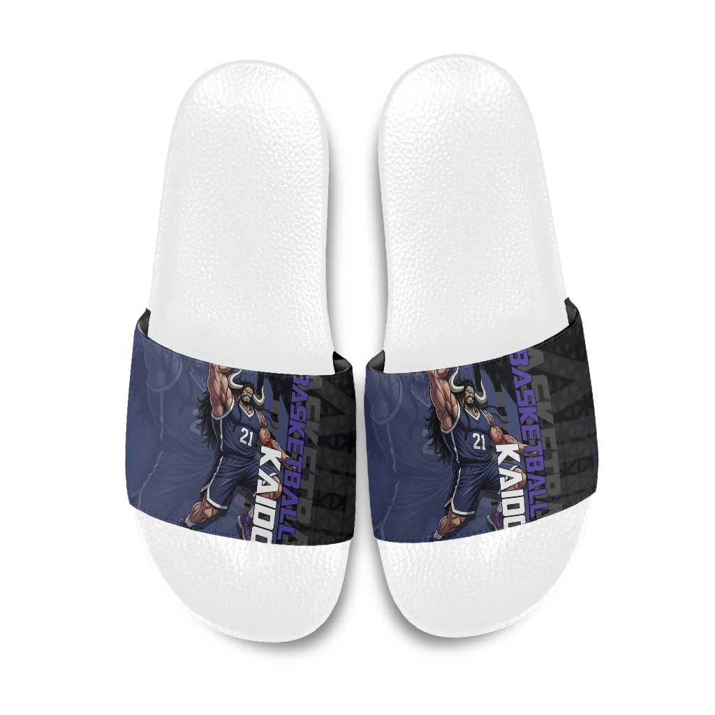 Kaido One Piece Basketball Theme Navy and Black Design Slide Sandals with Dragon Skull Emblem and Power Dunk Pose - The Mazicc