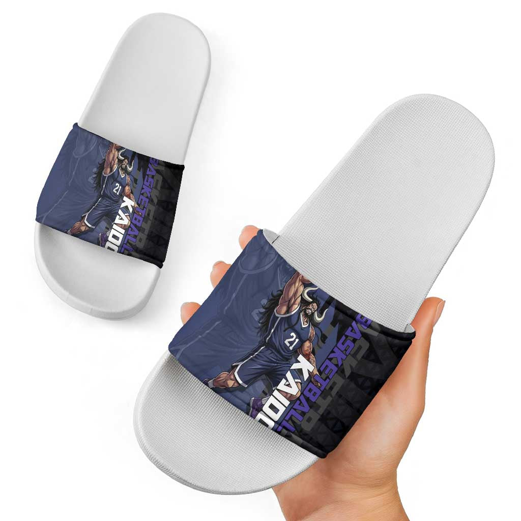 Kaido One Piece Basketball Theme Navy and Black Design Slide Sandals with Dragon Skull Emblem and Power Dunk Pose - The Mazicc