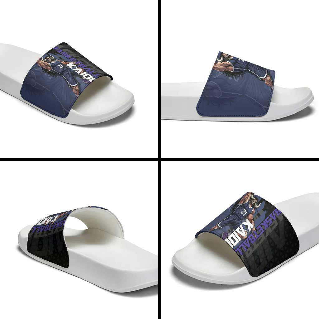 Kaido One Piece Basketball Theme Navy and Black Design Slide Sandals with Dragon Skull Emblem and Power Dunk Pose - The Mazicc