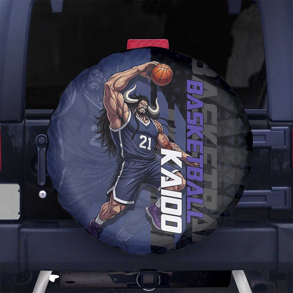 Kaido One Piece Basketball Theme Navy and Black Design Spare Tire Cover with Dragon Skull Emblem and Power Dunk Pose - The Mazicc
