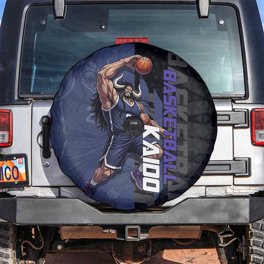 Kaido One Piece Basketball Theme Navy and Black Design Spare Tire Cover with Dragon Skull Emblem and Power Dunk Pose - The Mazicc