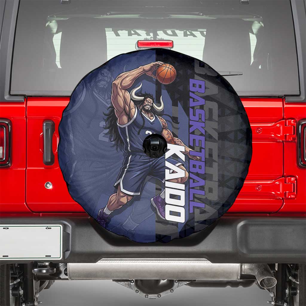 Kaido One Piece Basketball Theme Navy and Black Design Spare Tire Cover with Dragon Skull Emblem and Power Dunk Pose - The Mazicc