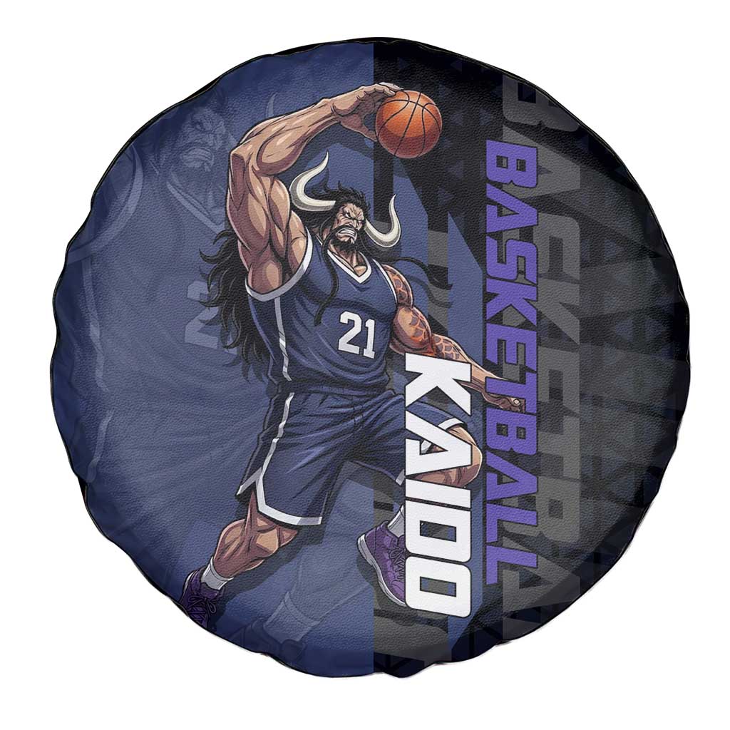 Kaido One Piece Basketball Theme Navy and Black Design Spare Tire Cover with Dragon Skull Emblem and Power Dunk Pose - The Mazicc