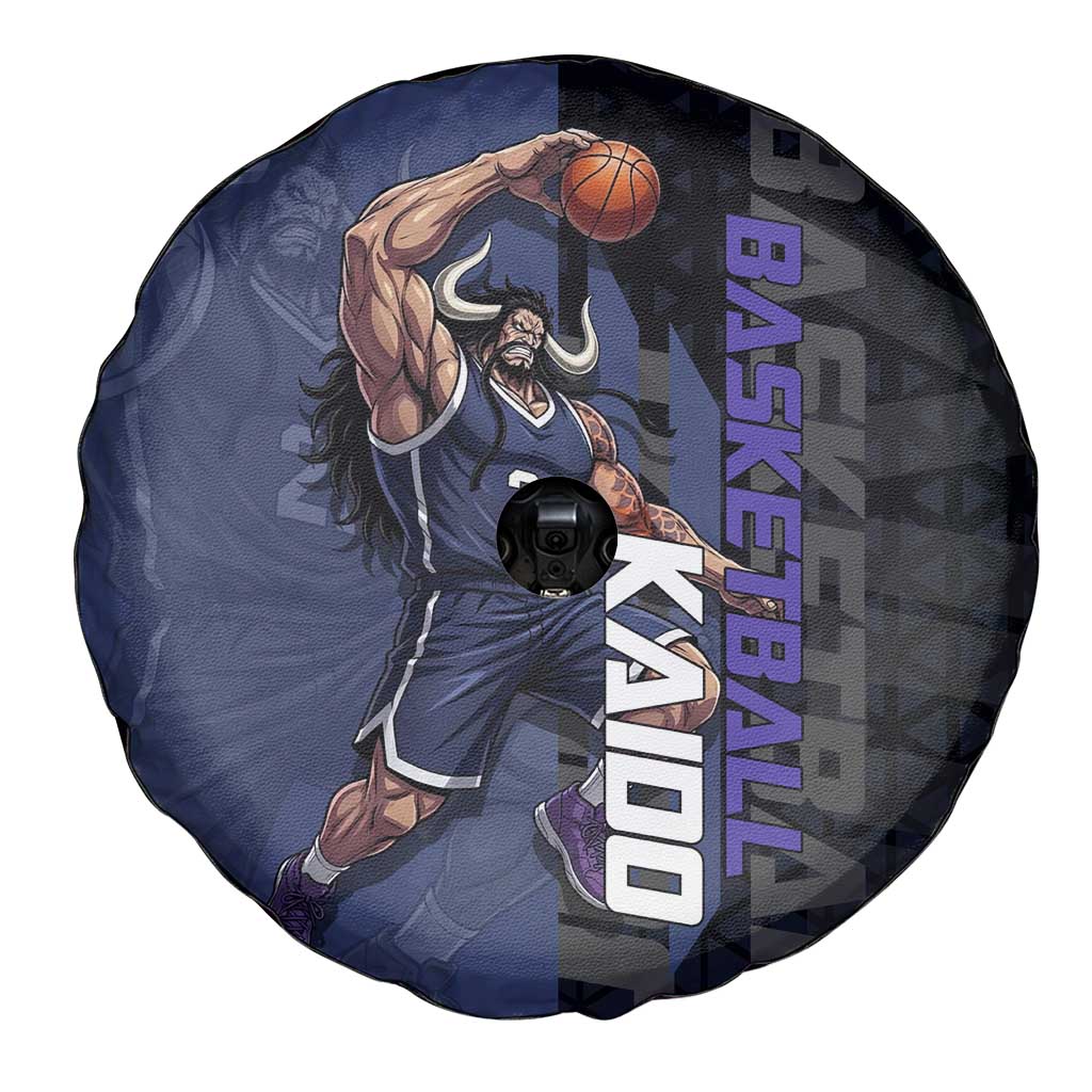 Kaido One Piece Basketball Theme Navy and Black Design Spare Tire Cover with Dragon Skull Emblem and Power Dunk Pose - The Mazicc