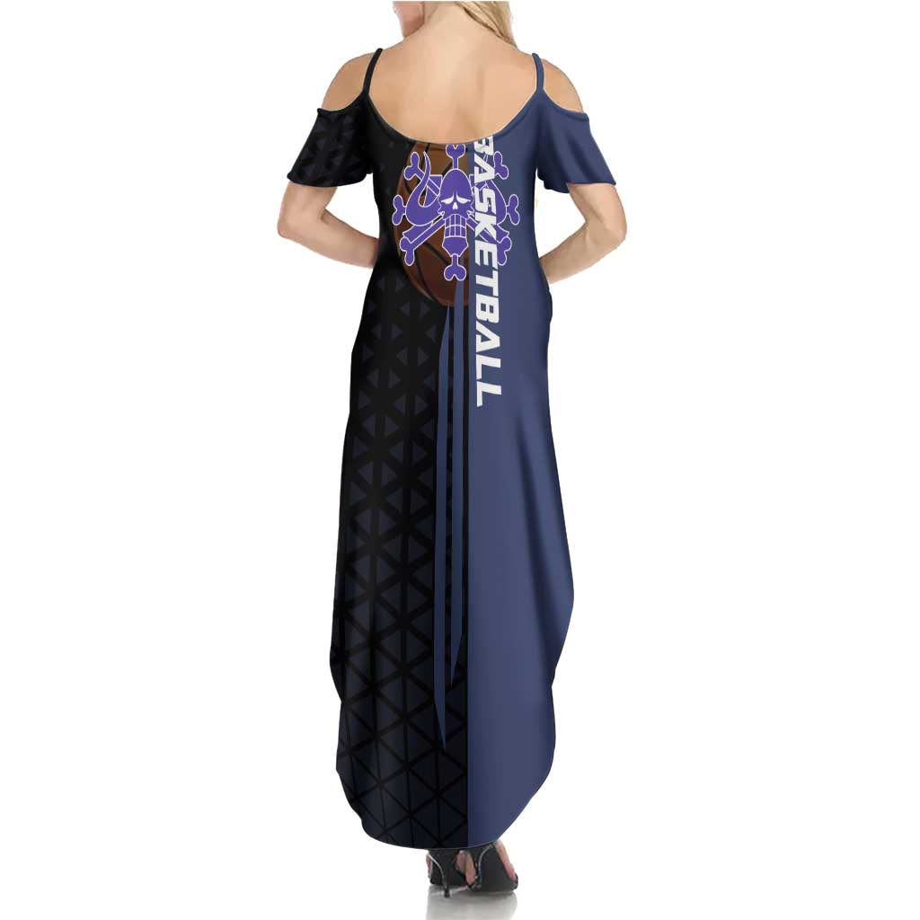 Kaido One Piece Basketball Theme Navy and Black Design Summer Maxi Dress with Dragon Skull Emblem and Power Dunk Pose - The Mazicc