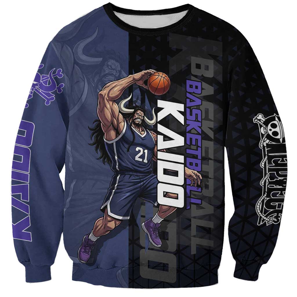 Kaido One Piece Basketball Theme Navy and Black Design Sweatshirt with Dragon Skull Emblem and Power Dunk Pose - The Mazicc