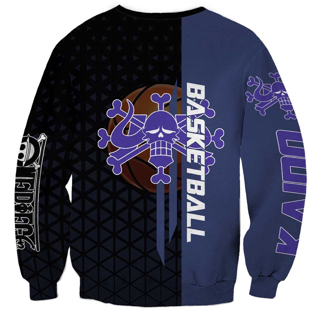 Kaido One Piece Basketball Theme Navy and Black Design Sweatshirt with Dragon Skull Emblem and Power Dunk Pose - The Mazicc