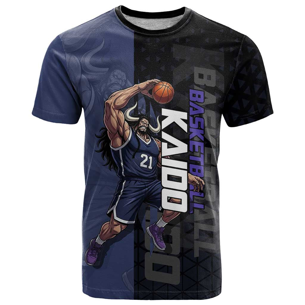 Kaido One Piece Basketball Theme Navy and Black Design T Shirt with Dragon Skull Emblem and Power Dunk Pose - The Mazicc