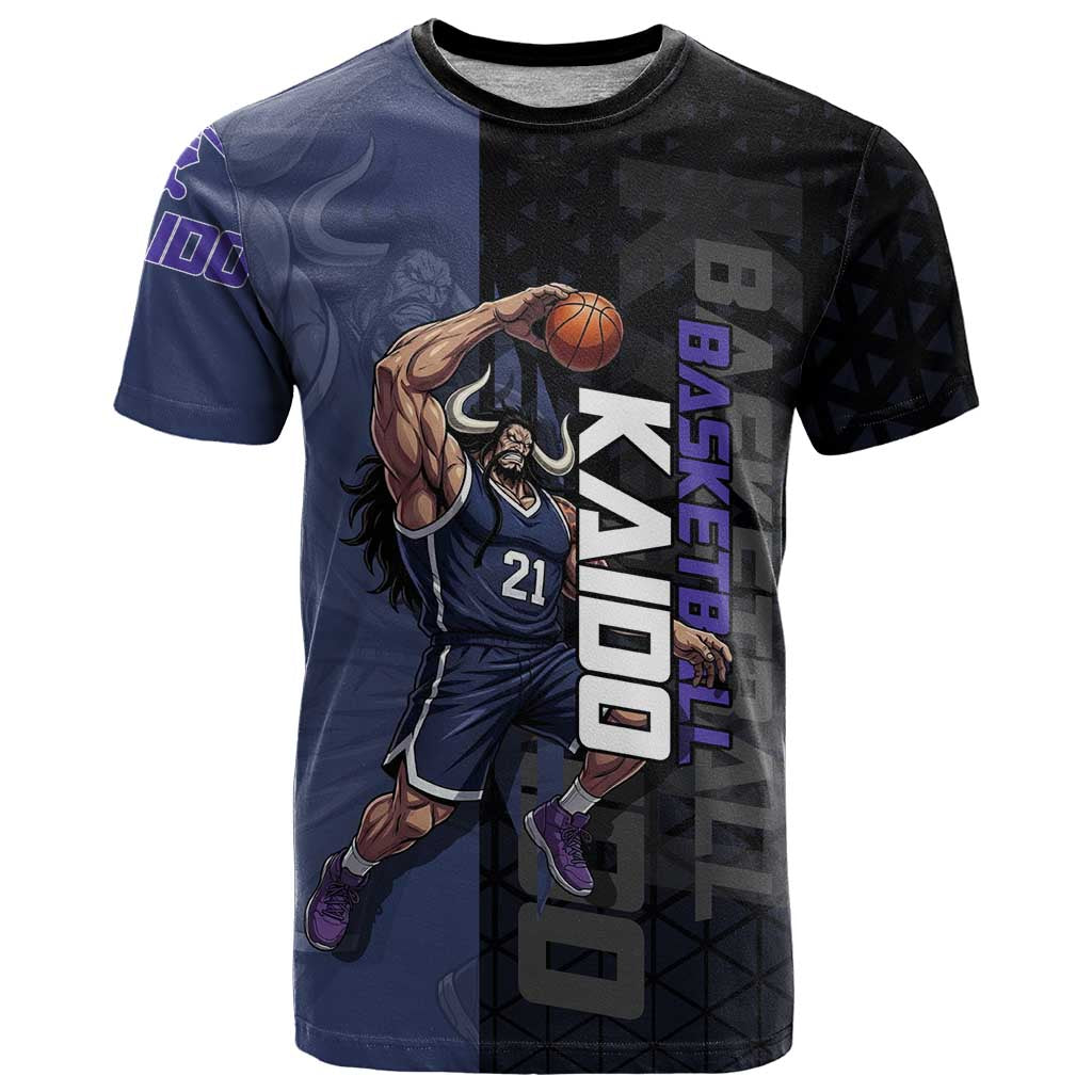 Kaido One Piece Basketball Theme Navy and Black Design T Shirt with Dragon Skull Emblem and Power Dunk Pose - The Mazicc