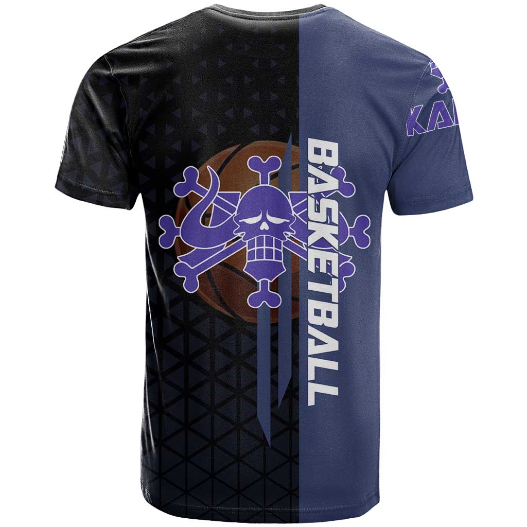 Kaido One Piece Basketball Theme Navy and Black Design T Shirt with Dragon Skull Emblem and Power Dunk Pose - The Mazicc