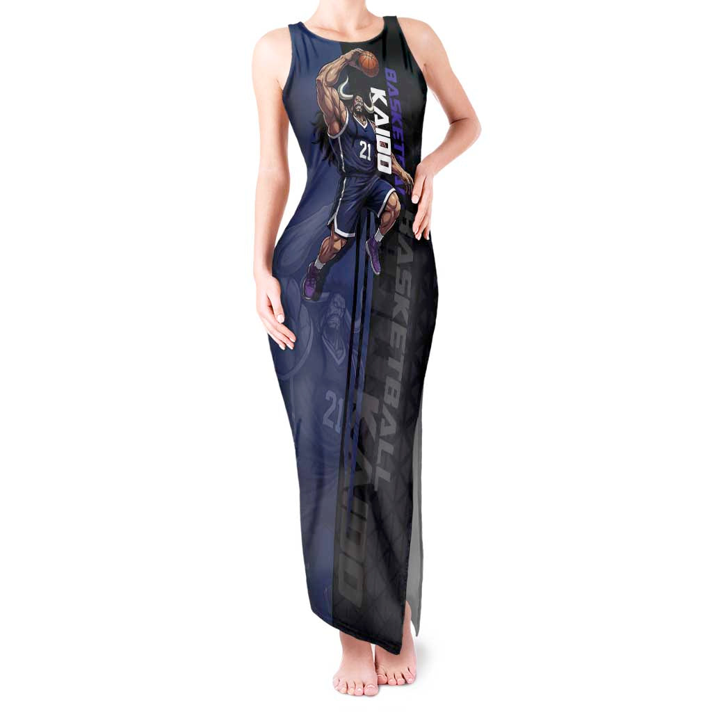 Kaido One Piece Basketball Theme Navy and Black Design Tank Maxi Dress with Dragon Skull Emblem and Power Dunk Pose - The Mazicc