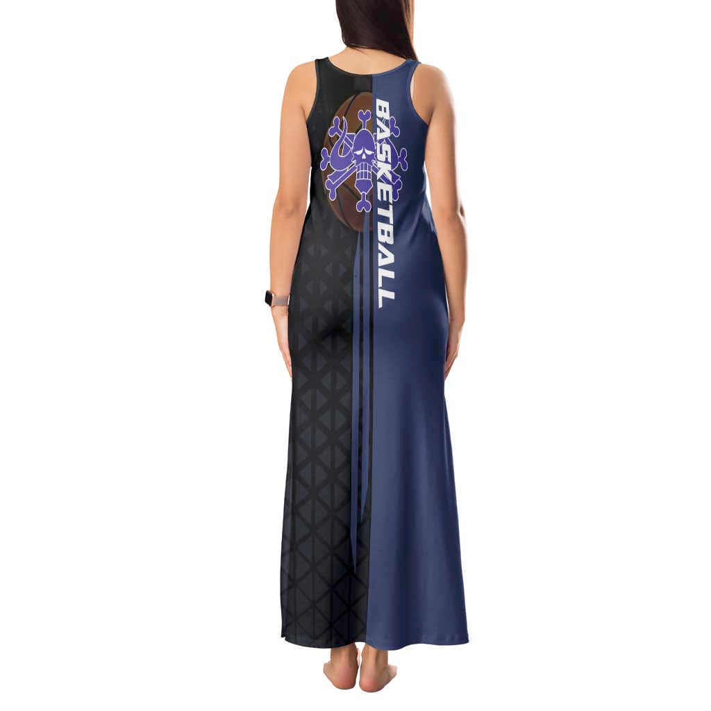 Kaido One Piece Basketball Theme Navy and Black Design Tank Maxi Dress with Dragon Skull Emblem and Power Dunk Pose - The Mazicc