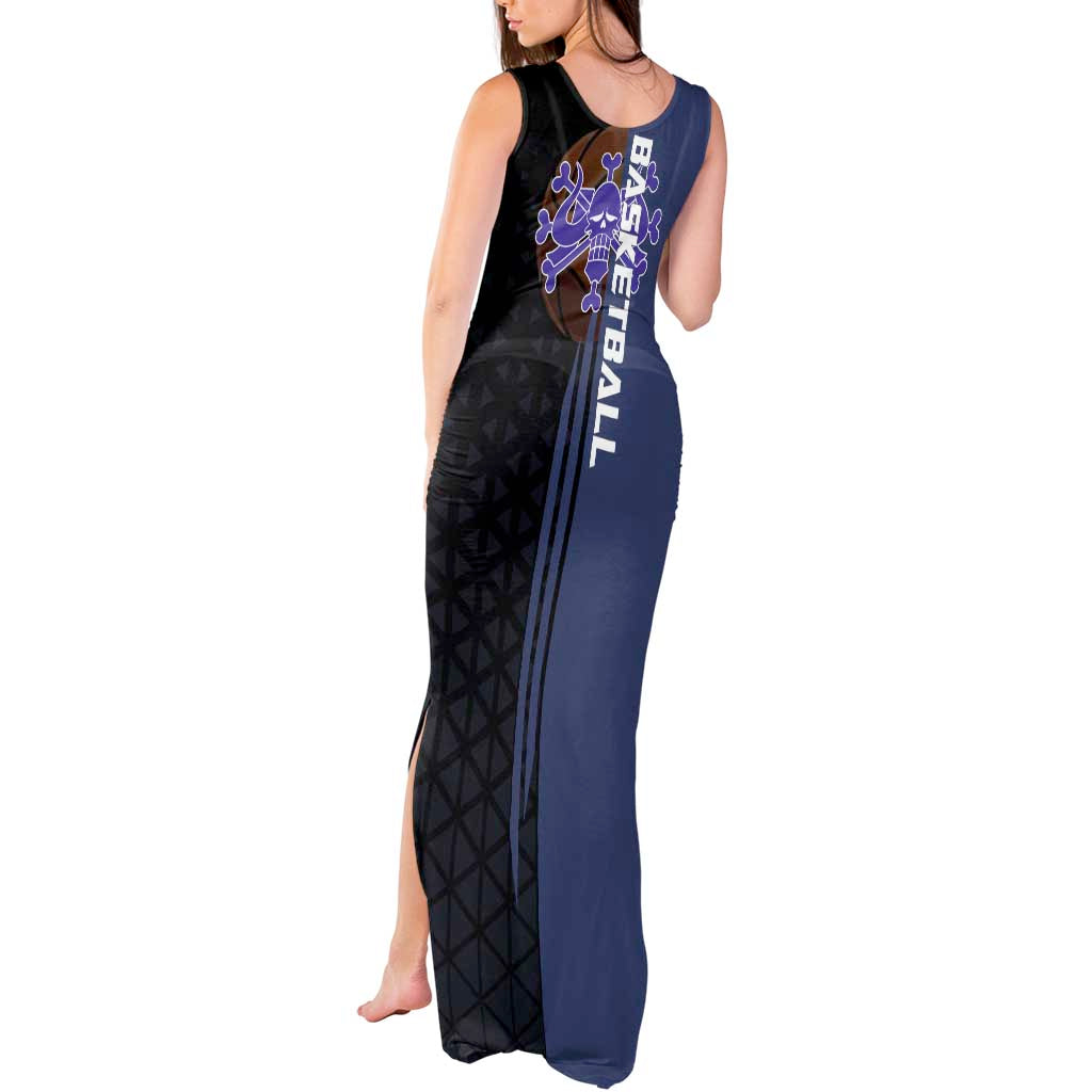 Kaido One Piece Basketball Theme Navy and Black Design Tank Maxi Dress with Dragon Skull Emblem and Power Dunk Pose - The Mazicc
