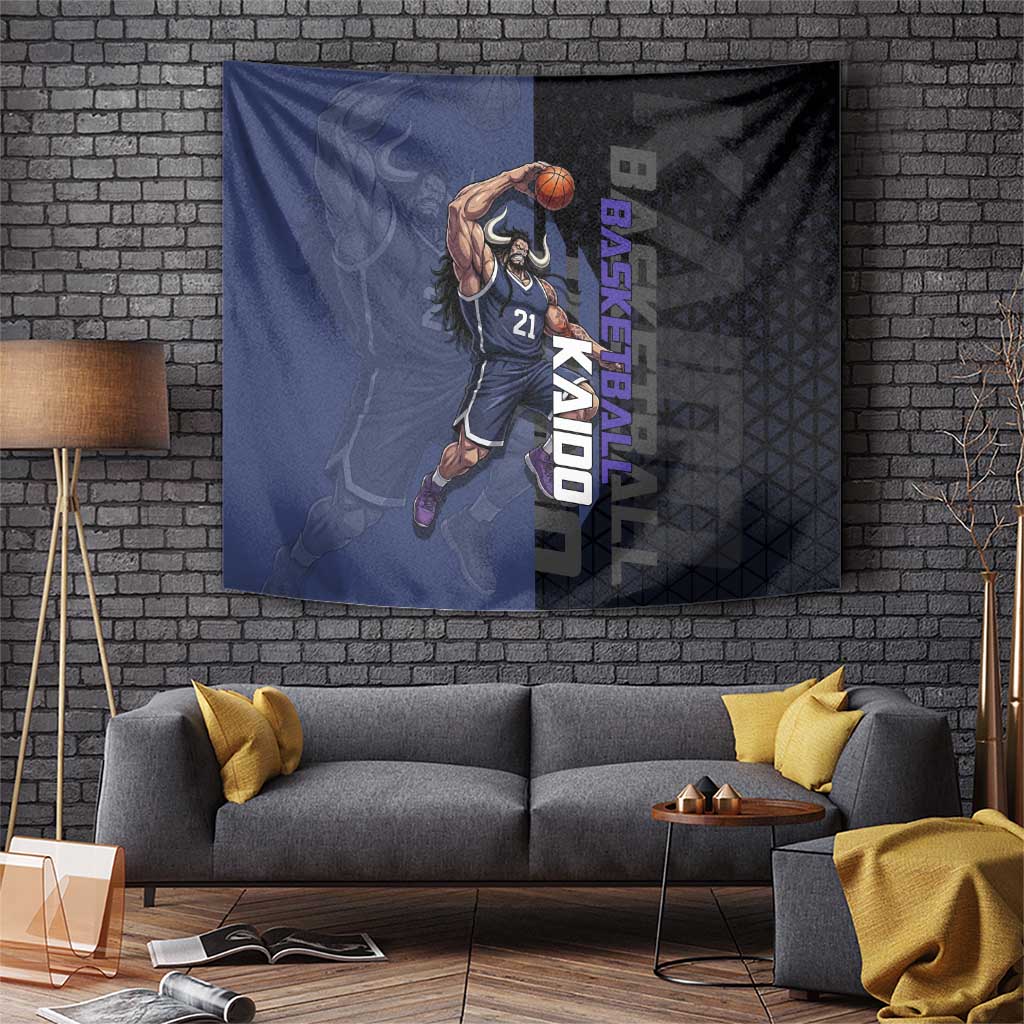 Kaido One Piece Basketball Theme Navy and Black Design Tapestry with Dragon Skull Emblem and Power Dunk Pose - The Mazicc