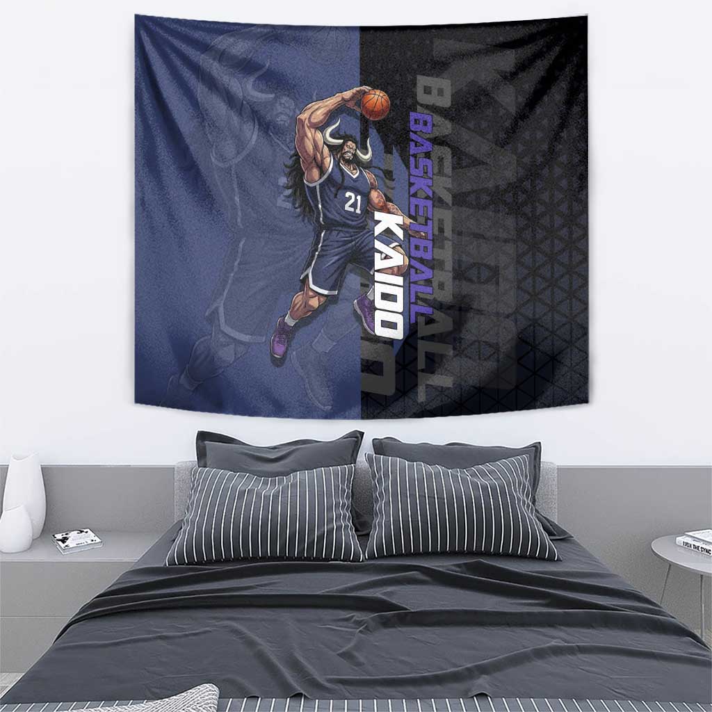 Kaido One Piece Basketball Theme Navy and Black Design Tapestry with Dragon Skull Emblem and Power Dunk Pose - The Mazicc