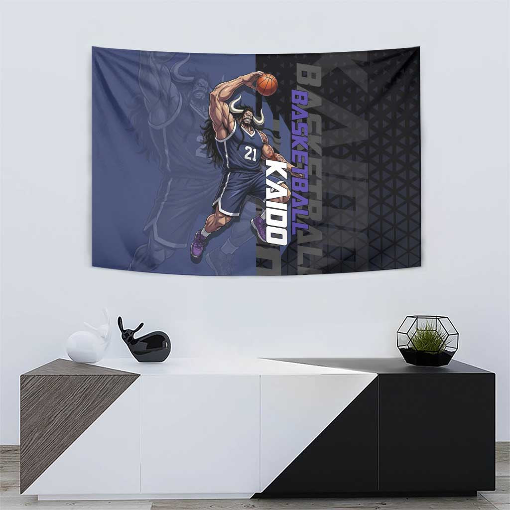 Kaido One Piece Basketball Theme Navy and Black Design Tapestry with Dragon Skull Emblem and Power Dunk Pose - The Mazicc