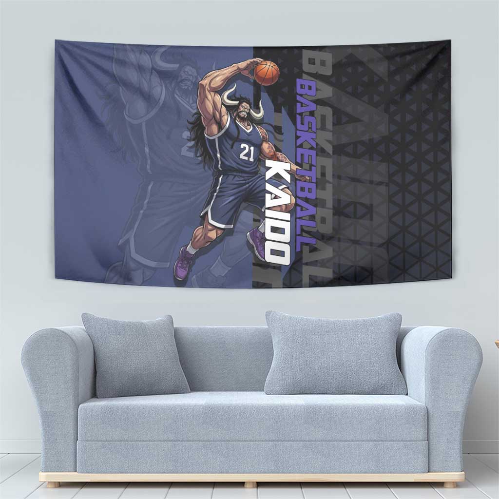 Kaido One Piece Basketball Theme Navy and Black Design Tapestry with Dragon Skull Emblem and Power Dunk Pose - The Mazicc