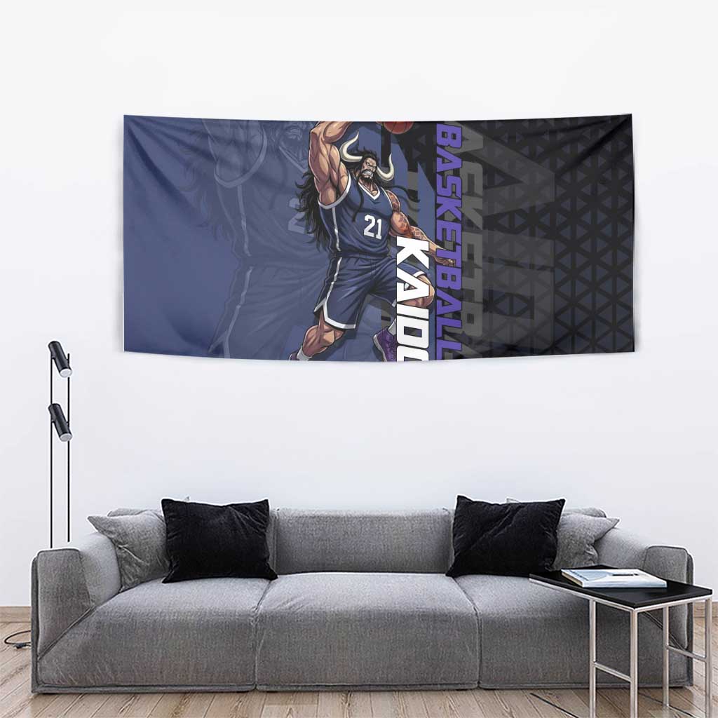Kaido One Piece Basketball Theme Navy and Black Design Tapestry with Dragon Skull Emblem and Power Dunk Pose - The Mazicc