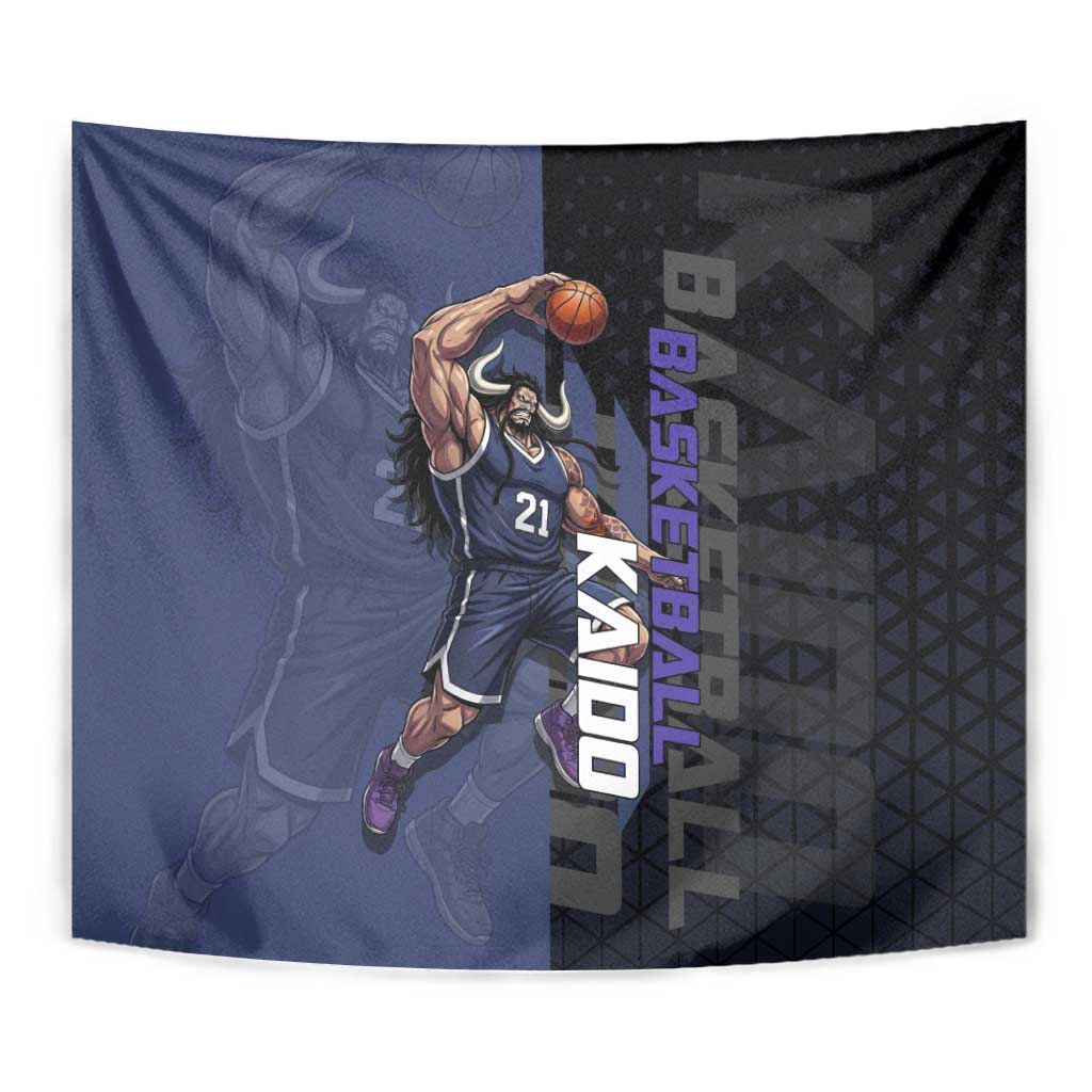 Kaido One Piece Basketball Theme Navy and Black Design Tapestry with Dragon Skull Emblem and Power Dunk Pose - The Mazicc