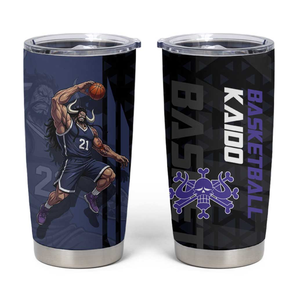 Kaido One Piece Basketball Theme Navy and Black Design Tumbler Cup with Dragon Skull Emblem and Power Dunk Pose - The Mazicc