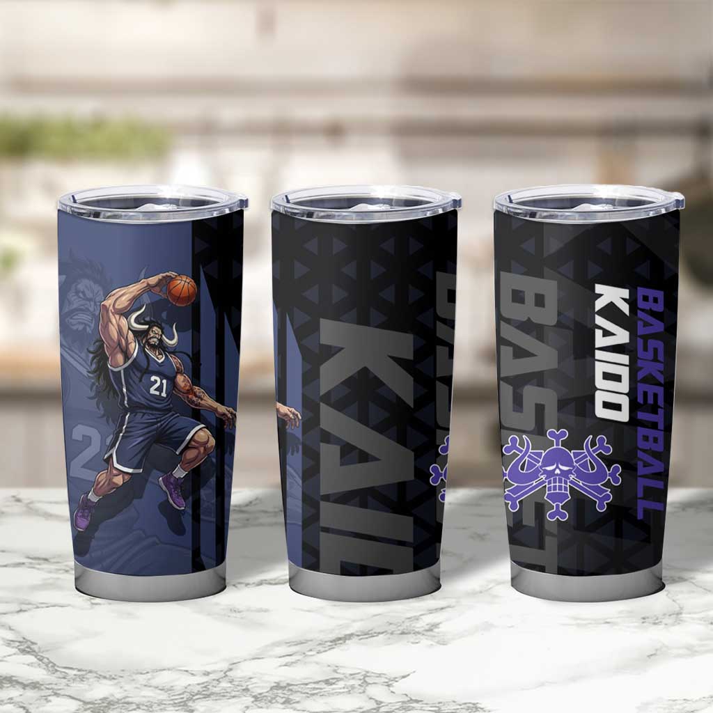 Kaido One Piece Basketball Theme Navy and Black Design Tumbler Cup with Dragon Skull Emblem and Power Dunk Pose - The Mazicc