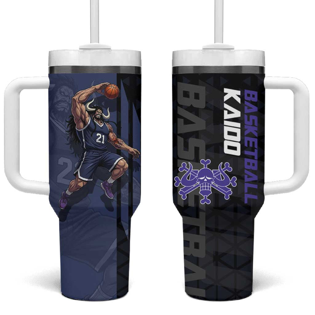 Kaido One Piece Basketball Theme Navy and Black Design Tumbler With Handle with Dragon Skull Emblem and Power Dunk Pose - The Mazicc