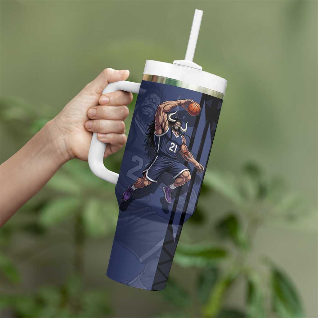 Kaido One Piece Basketball Theme Navy and Black Design Tumbler With Handle with Dragon Skull Emblem and Power Dunk Pose - The Mazicc