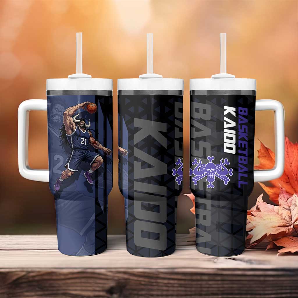 Kaido One Piece Basketball Theme Navy and Black Design Tumbler With Handle with Dragon Skull Emblem and Power Dunk Pose - The Mazicc