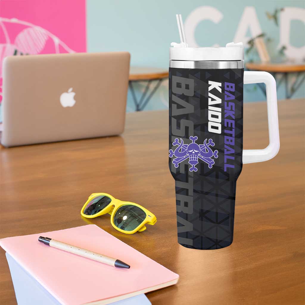 Kaido One Piece Basketball Theme Navy and Black Design Tumbler With Handle with Dragon Skull Emblem and Power Dunk Pose - The Mazicc