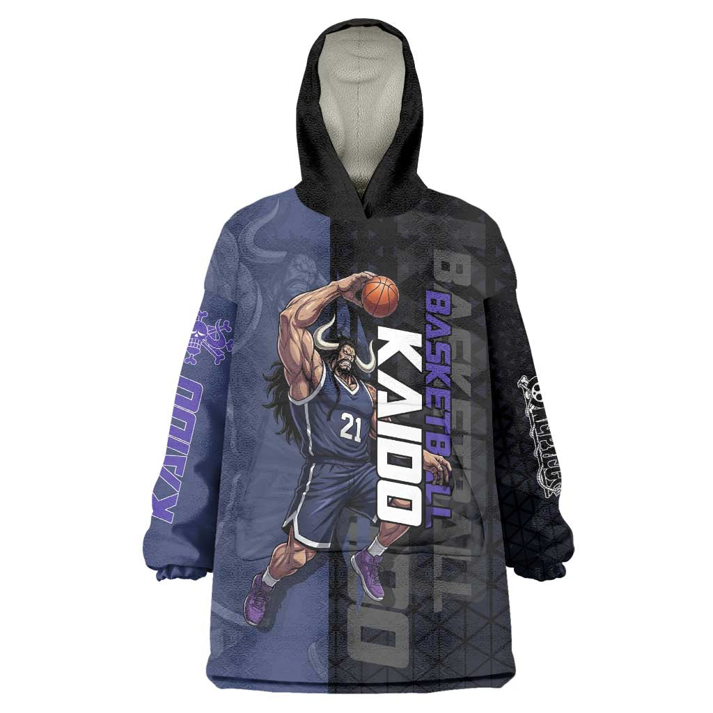 Kaido One Piece Basketball Theme Navy and Black Design Wearable Blanket Hoodie with Dragon Skull Emblem and Power Dunk Pose - The Mazicc