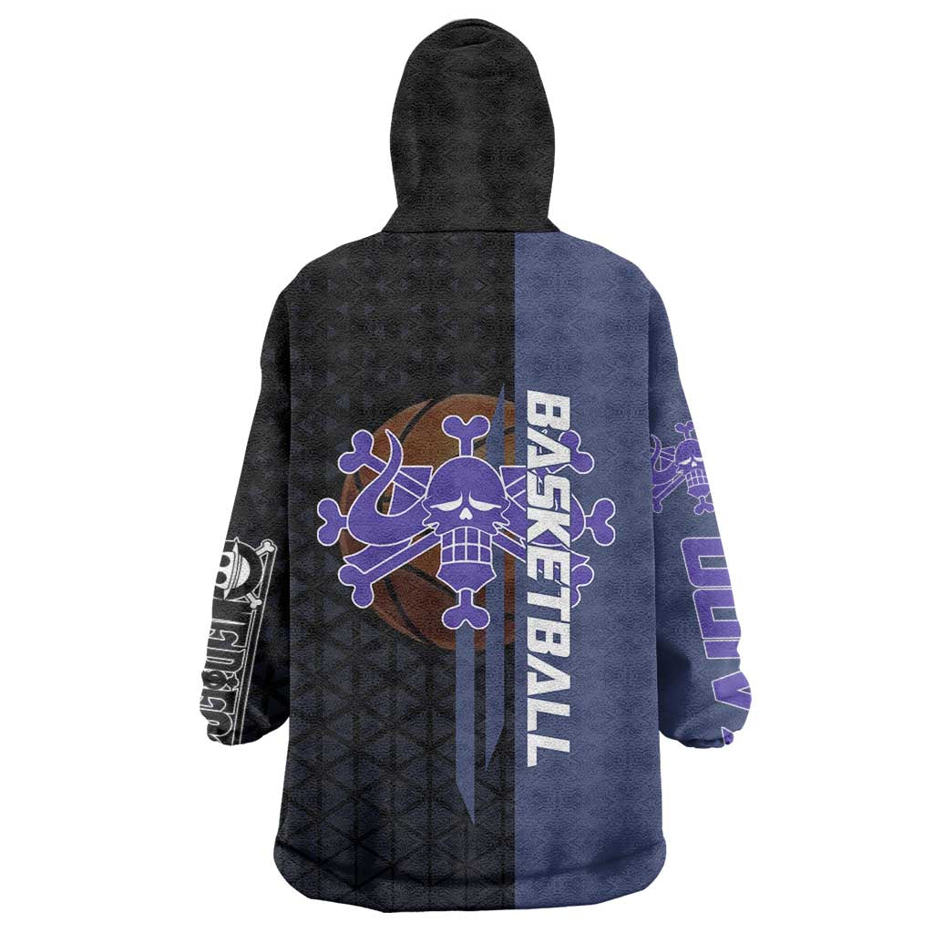 Kaido One Piece Basketball Theme Navy and Black Design Wearable Blanket Hoodie with Dragon Skull Emblem and Power Dunk Pose - The Mazicc